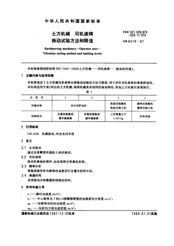 土方机械 司机座椅 振动试验方法和限值 (GB 8419-1987)