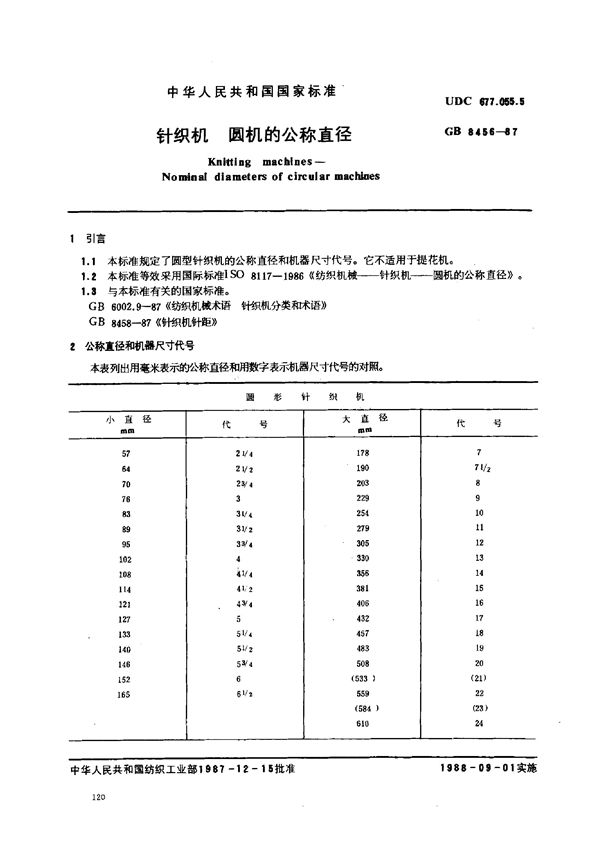 针织机 圆机的公称直径 (GB 8456-1987)