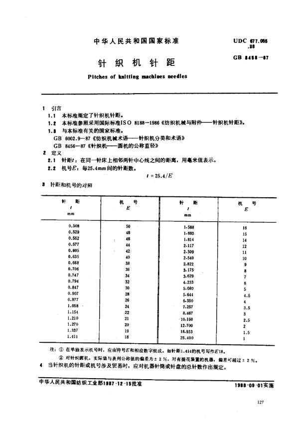 针织机针距 (GB 8458-1987)