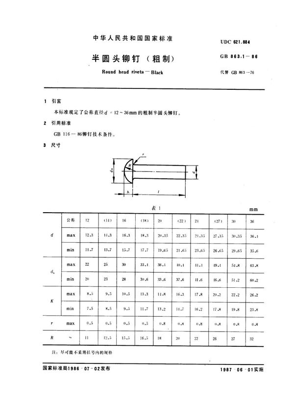 半圆头铆钉(粗制) (GB 863.1-1986)