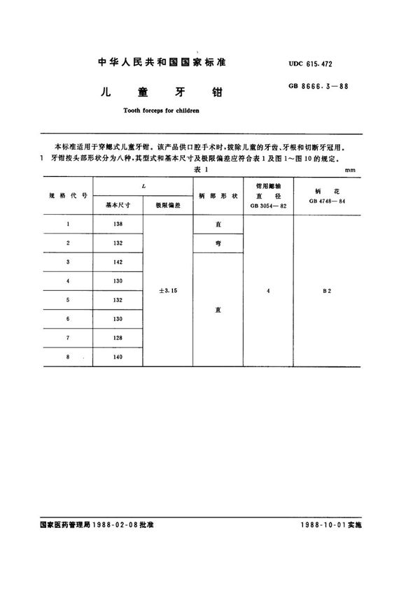 儿童牙钳 (GB 8666.3-1988)