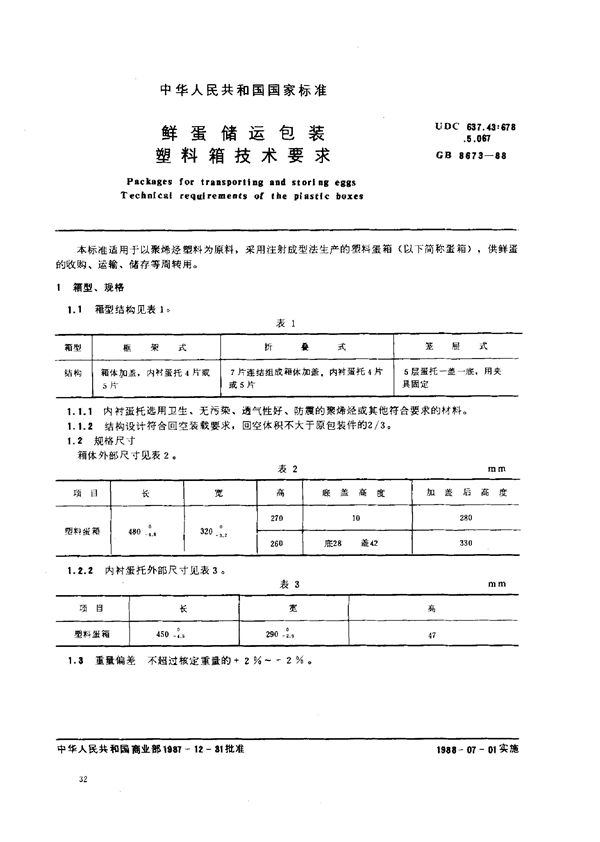 鲜蛋储运包装 塑料箱技术要求 (GB 8673-1988)