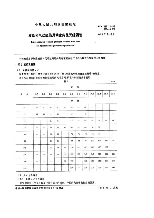 液压和气动缸筒用精密内径无缝钢管 (GB 8713-1988)