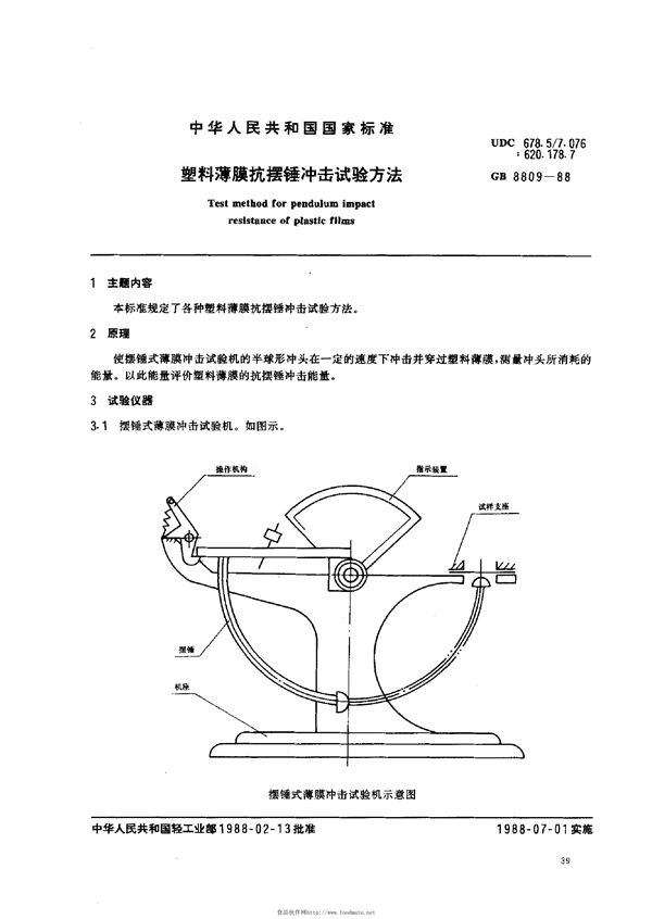 塑料薄膜抗摆锤冲击试验方法 (GB 8809-1988)