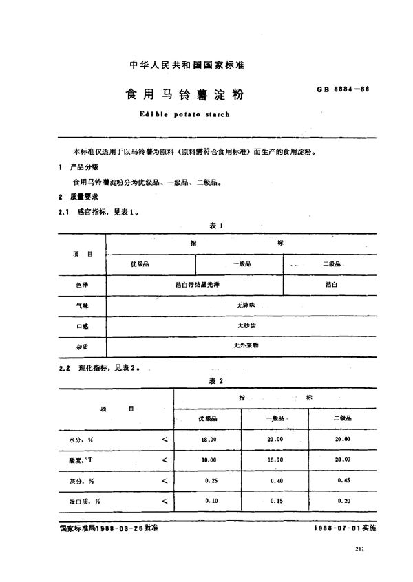 食用马铃薯淀粉 (GB 8884-1988)