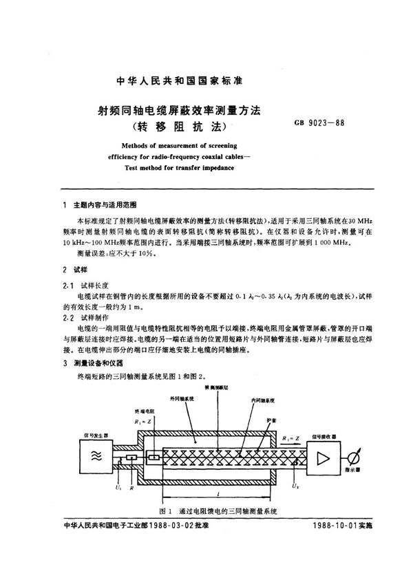 射频同轴电缆屏蔽效率测量方法 (GB 9023-1988)