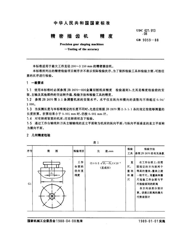 精密插齿机精度 (GB 9059-1988)