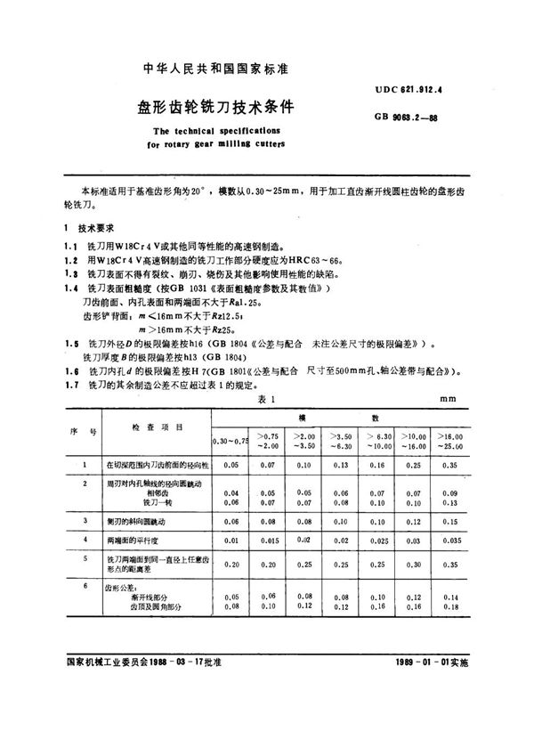 盘形齿轮铣刀技术条件 (GB 9063.2-1988)