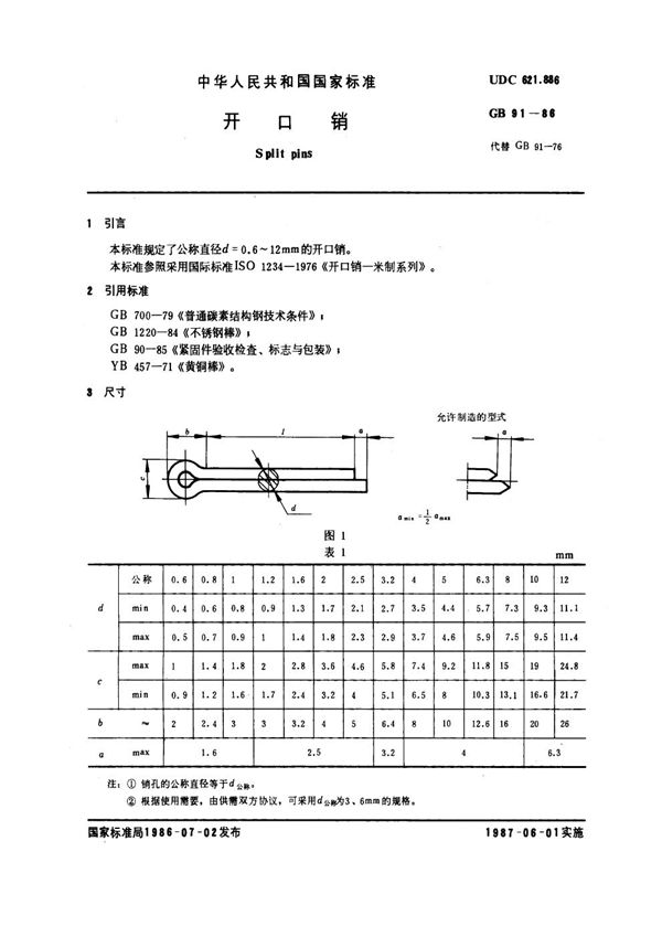 开口销 (GB 91-1986)