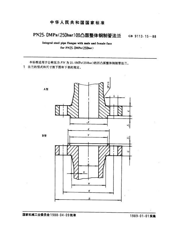 PN 25.0MPa(250 bar) 凹凸面整体钢制管法兰 (GB 9113.15-1988)