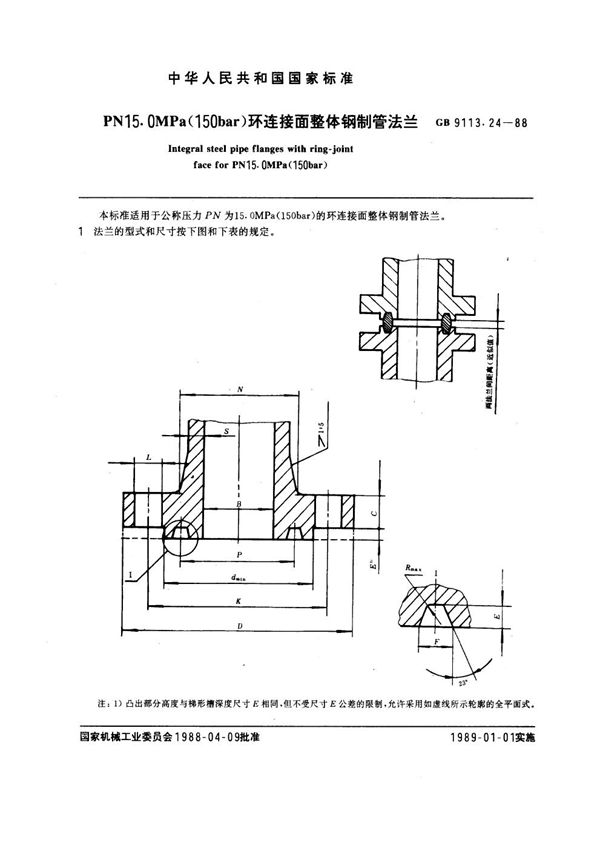 PN 15.0MPa(150 bar) 环连接面整体钢制管法兰 (GB 9113.24-1988)