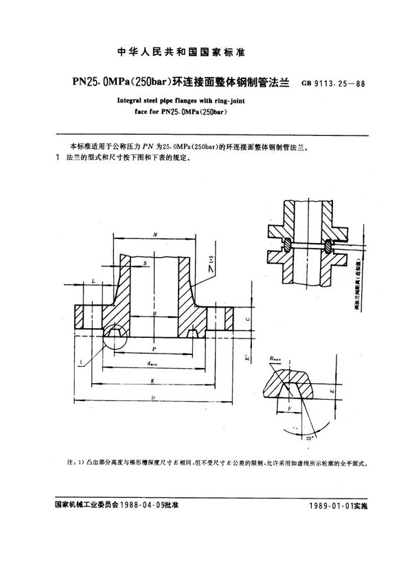 PN 25.0MPa(250 bar) 环连接面整体钢制管法兰 (GB 9113.25-1988)