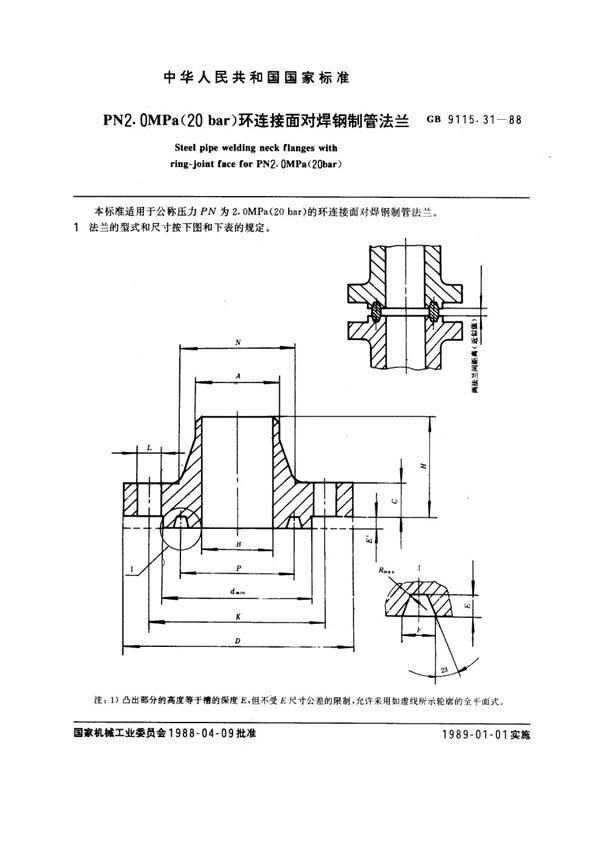 PN 2.0MPa(20 bar) 环连接面对焊钢制管法兰 (GB 9115.31-1988)