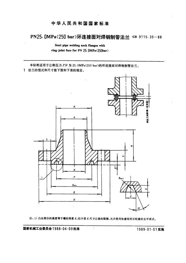 PN 25.0MPa(250 bar) 环连接面对焊钢制管法兰 (GB 9115.35-1988)