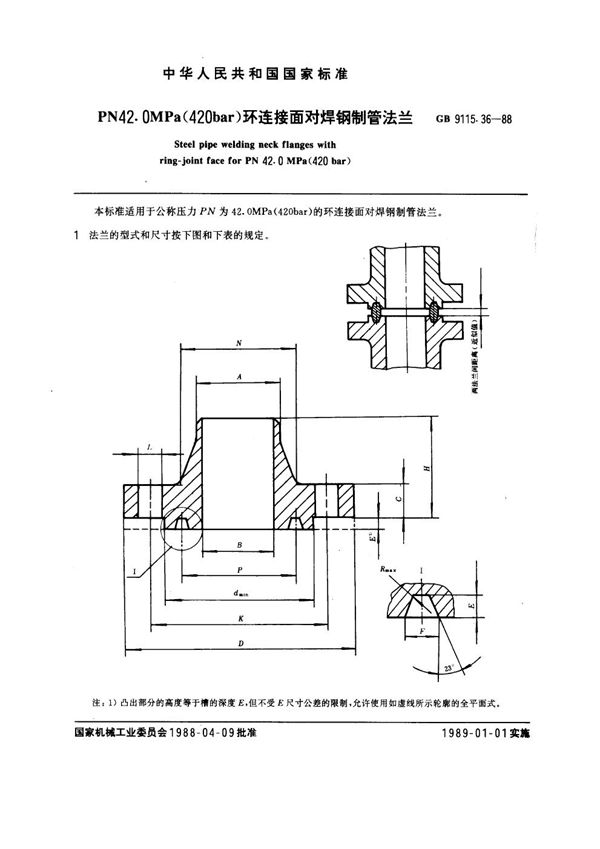 PN 42.0MPa(420 bar) 环连接面对焊钢制管法兰 (GB 9115.36-1988)