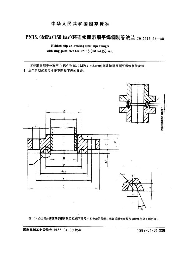 PN 15.0MPa(150 bar) 环连接面带颈平焊钢制管法兰 (GB 9116.24-1988)