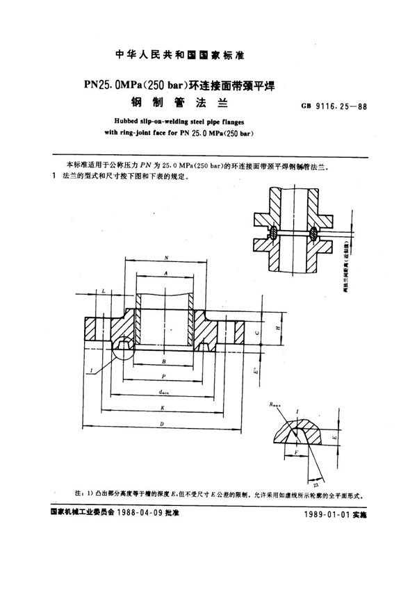 PN 25.0MPa(250 bar) 环连接面带颈平焊钢制管法兰 (GB 9116.25-1988)