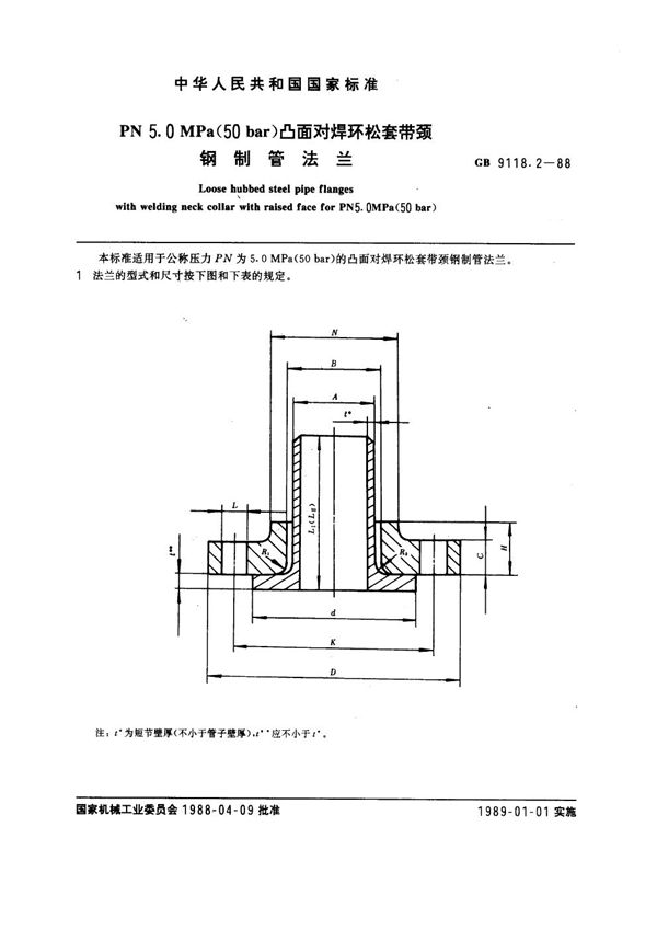 PN 5.0MPa(50 bar) 凸面对焊环松套带颈钢制管法兰 (GB 9118.2-1988)