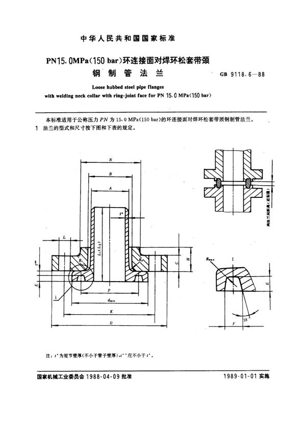 PN 15.0MPa(150 bar) 环连接面对焊环松套带颈钢制管法兰 (GB 9118.6-1988)