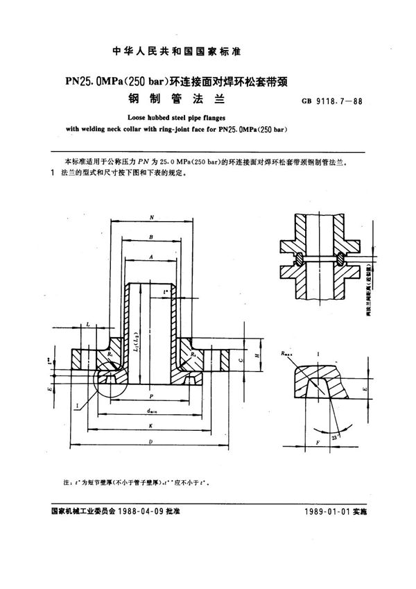 PN 25.0MPa(250 bar) 环连接面对焊环松套带颈钢制管法兰 (GB 9118.7-1988)