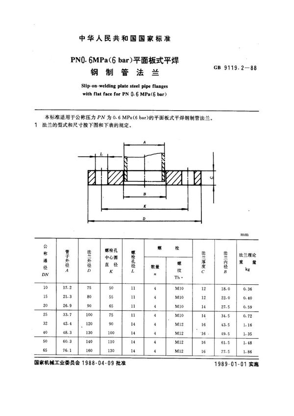 PN 0.6MPa(6 bar) 平面板式平焊钢制管法兰 (GB 9119.2-1988)