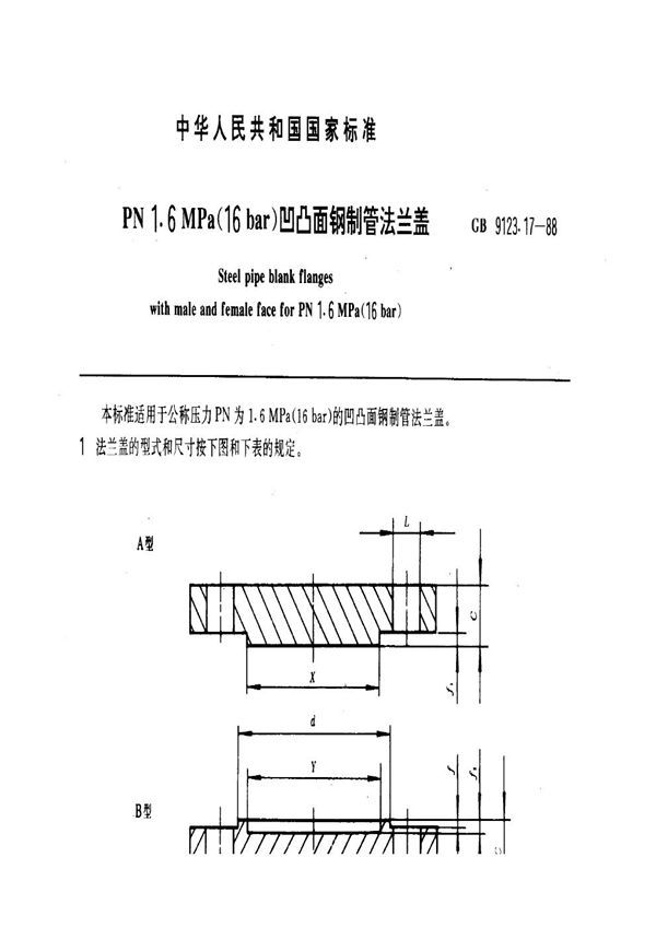 PN 1.6MPa(16 bar) 凹凸面钢制管法兰盖 (GB 9123.17-1988)