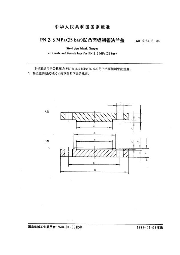 PN 2.5MPa(25 bar) 凹凸面钢制管法兰盖 (GB 9123.18-1988)