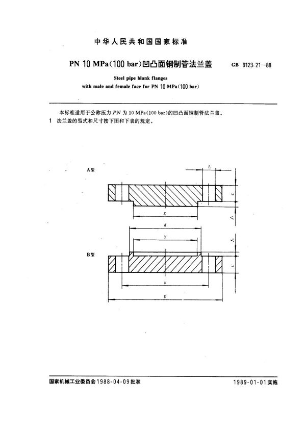 PN 10.0MPa(100 bar) 凹凸面钢制管法兰盖 (GB 9123.21-1988)