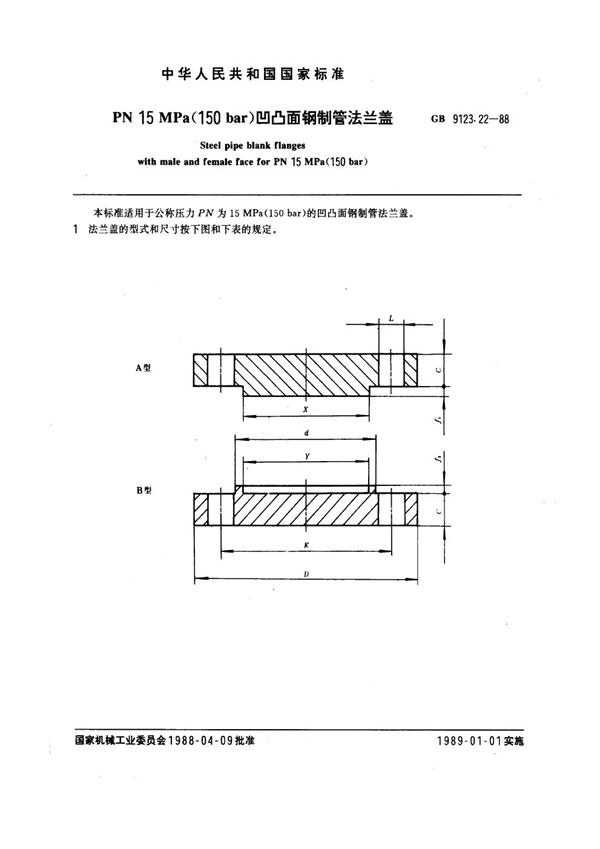 PN 15.0MPa(150 bar) 凹凸面钢制管法兰盖 (GB 9123.22-1988)