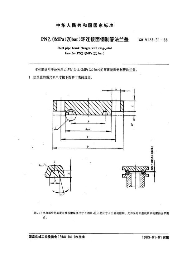 PN 2.0MPa(20 bar) 环连接面钢制管法兰盖 (GB 9123.31-1988)