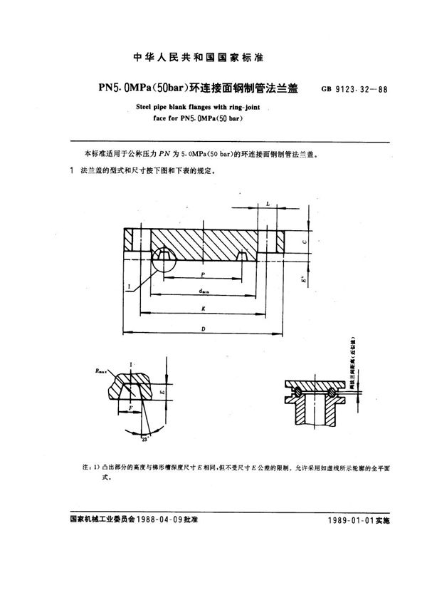 PN 5.0MPa(50 bar) 环连接面钢制管法兰盖 (GB 9123.32-1988)