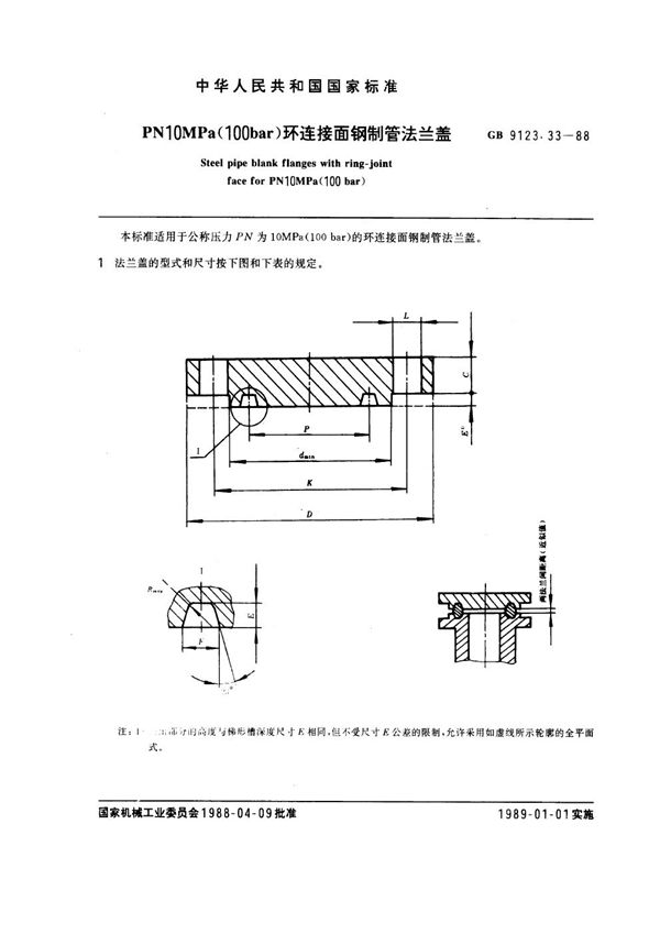 PN 10.0MPa(100 bar) 环连接面钢制管法兰盖 (GB 9123.33-1988)