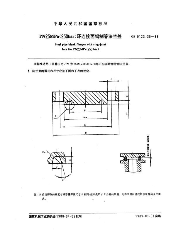 PN 25.0MPa(250 bar) 环连接面钢制管法兰盖 (GB 9123.35-1988)