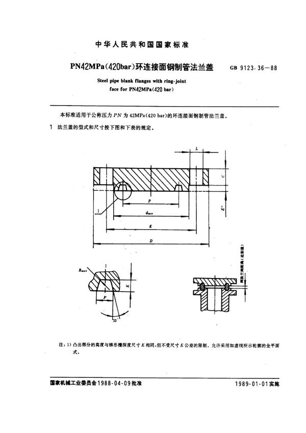 PN 42.0MPa(420 bar) 环连接面钢制管法兰盖 (GB 9123.36-1988)