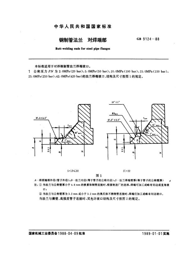 钢制管法兰 对焊端部 (GB 9124-1988)