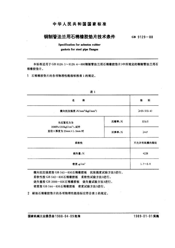 钢制管法兰用石棉橡胶垫片技术条件 (GB 9129-1988)