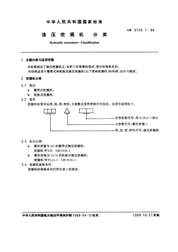 液压挖掘机 分类 (GB 9139.1-1988)