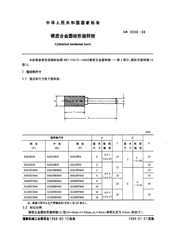 硬质合金圆柱形旋转锉 (GB 9206-1988)