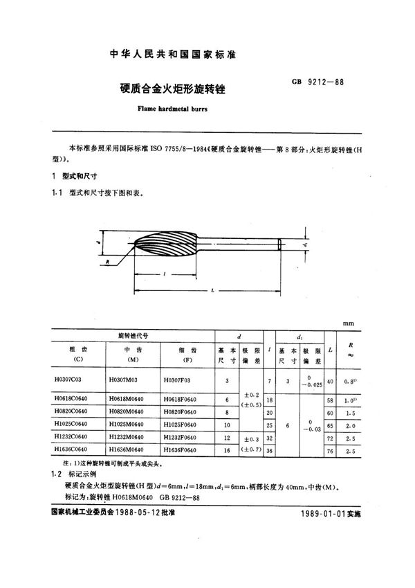 硬质合金火炬形旋转锉 (GB 9212-1988)