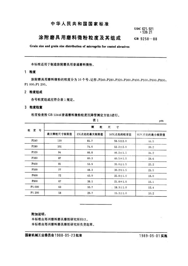 涂附磨具用磨料微粉粒度及其组成 (GB 9258-1988)