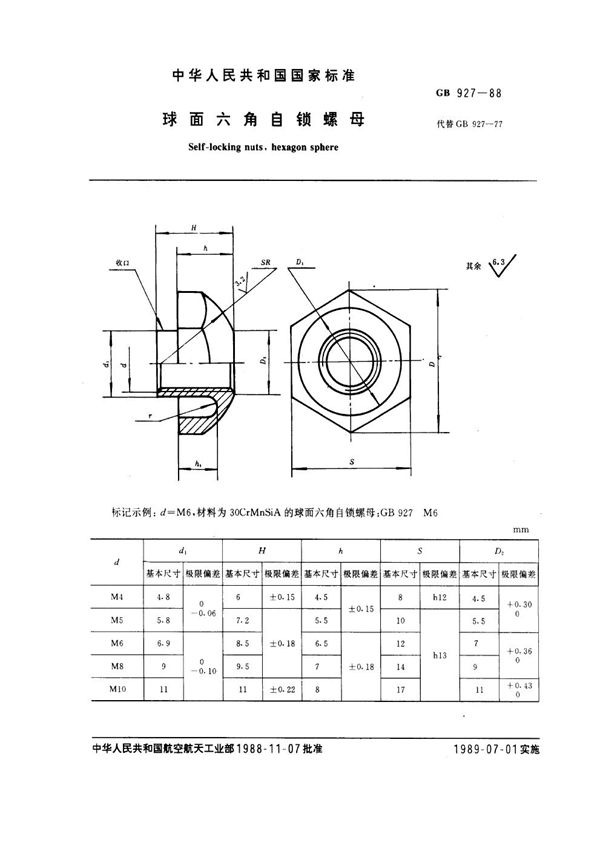 球面六角自锁螺母 (GB 927-1988)