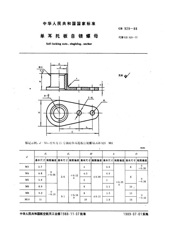 单耳托板自锁螺母 (GB 929-1988)