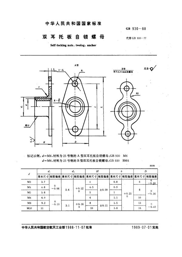 双耳托板自锁螺母 (GB 930-1988)