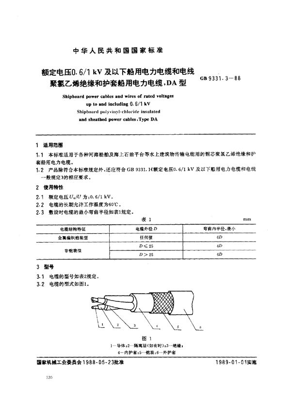 额定电压0.6/1kV及以下船用电力电缆和电线 聚氯乙烯绝缘和护套 (GB 9331.3-1988)