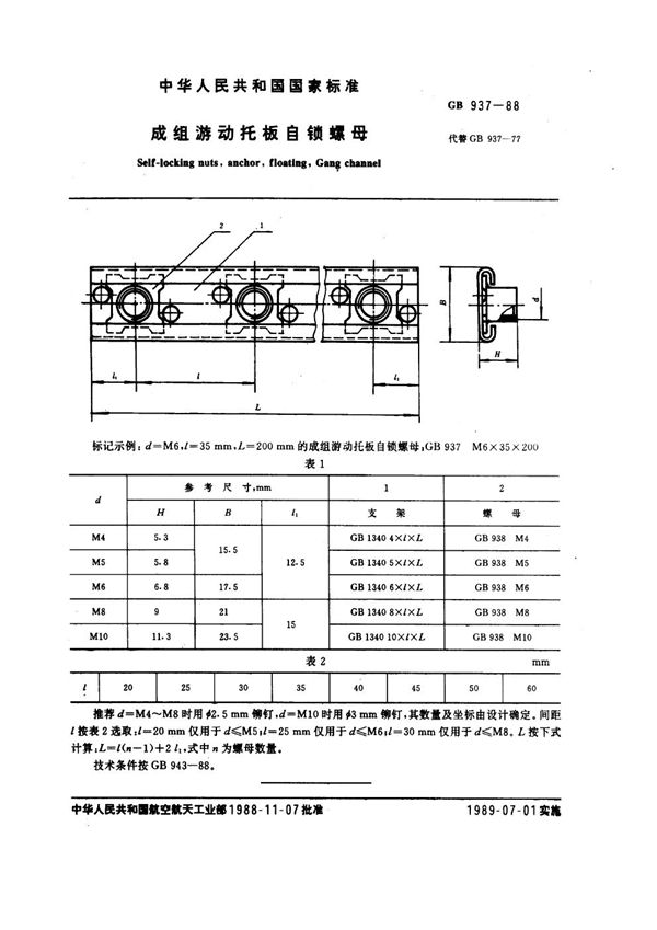 成组游动托板自锁螺母 (GB 937-1988)