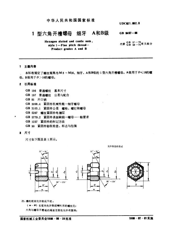 1型六角开槽螺母 细牙 A和B级 (GB 9457-1988)