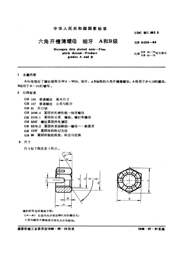 六角开槽薄螺母 细牙 A和B级 (GB 9459-1988)