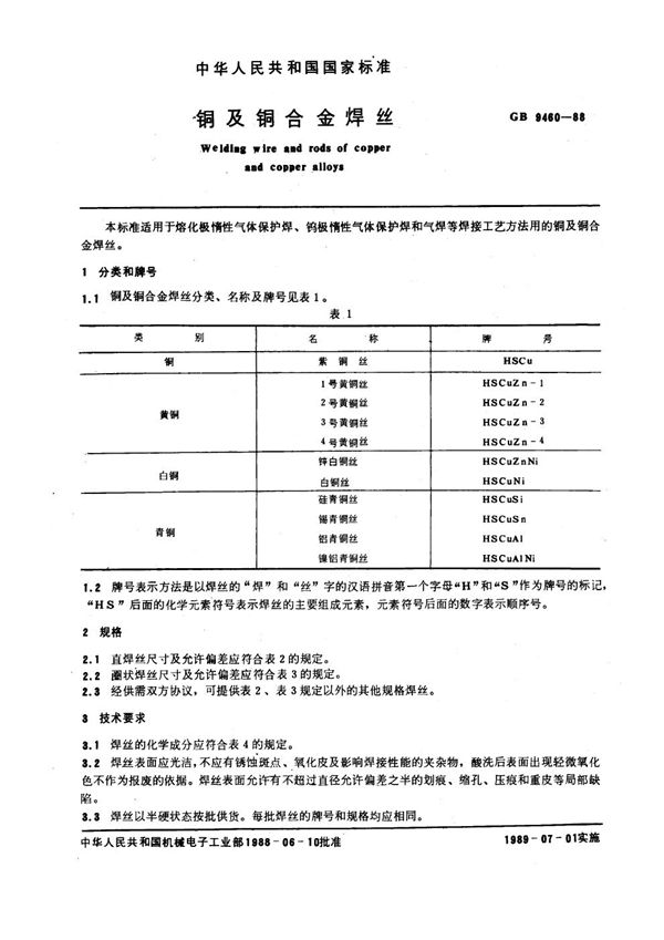 铜与铜合金焊丝 (GB 9460-1988)