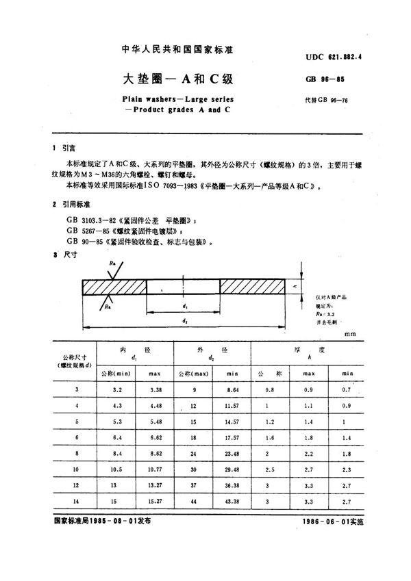 大垫圈 A和C级 (GB 96-1985)