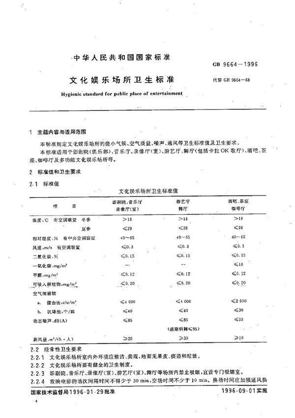 文化娱乐场所卫生标准 (GB 9664-1996)